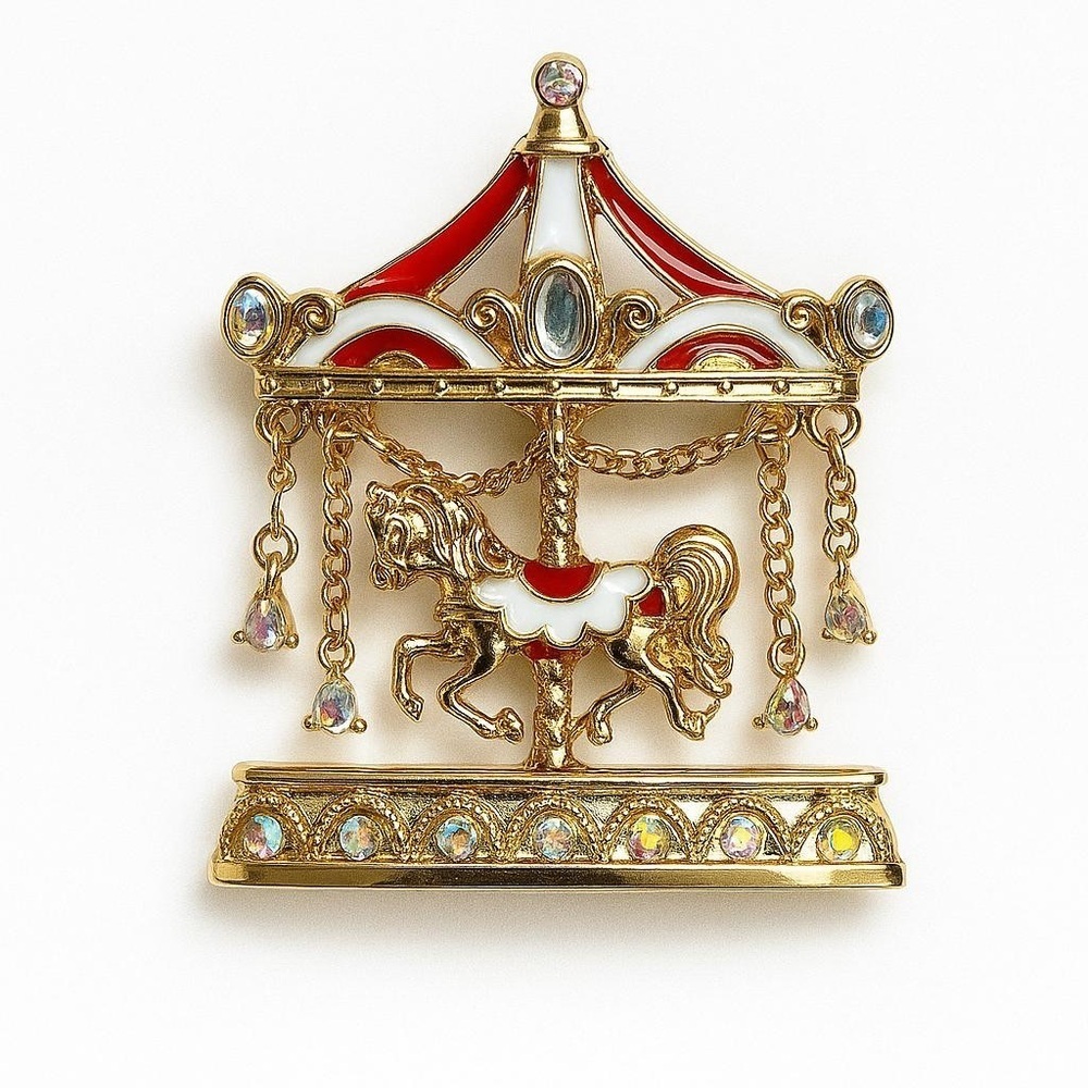 Red & White Rhinestone Carousel Brooch.